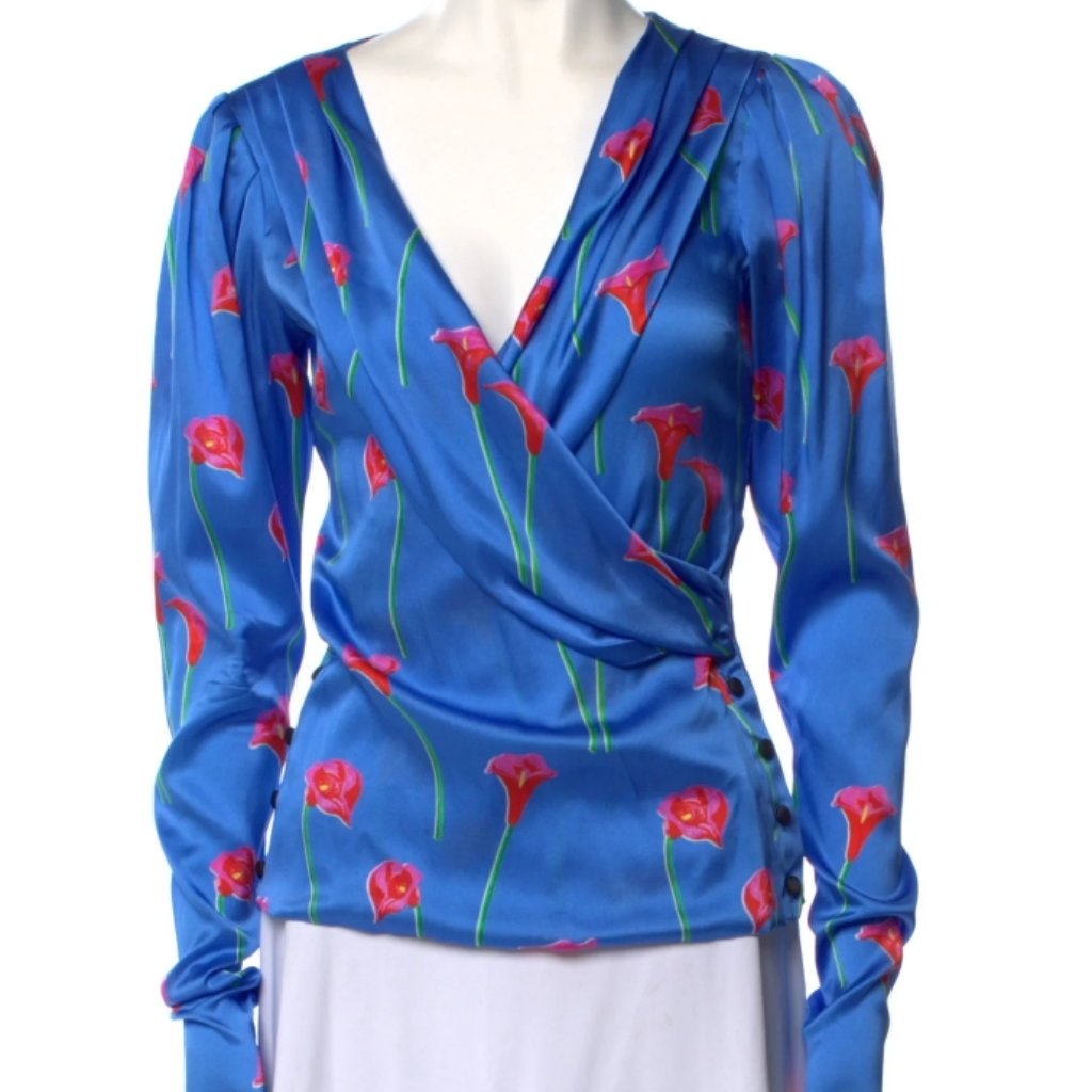 Nwot Caroline Constas Calla Lily In Blue Floral Silk Blouse S $440